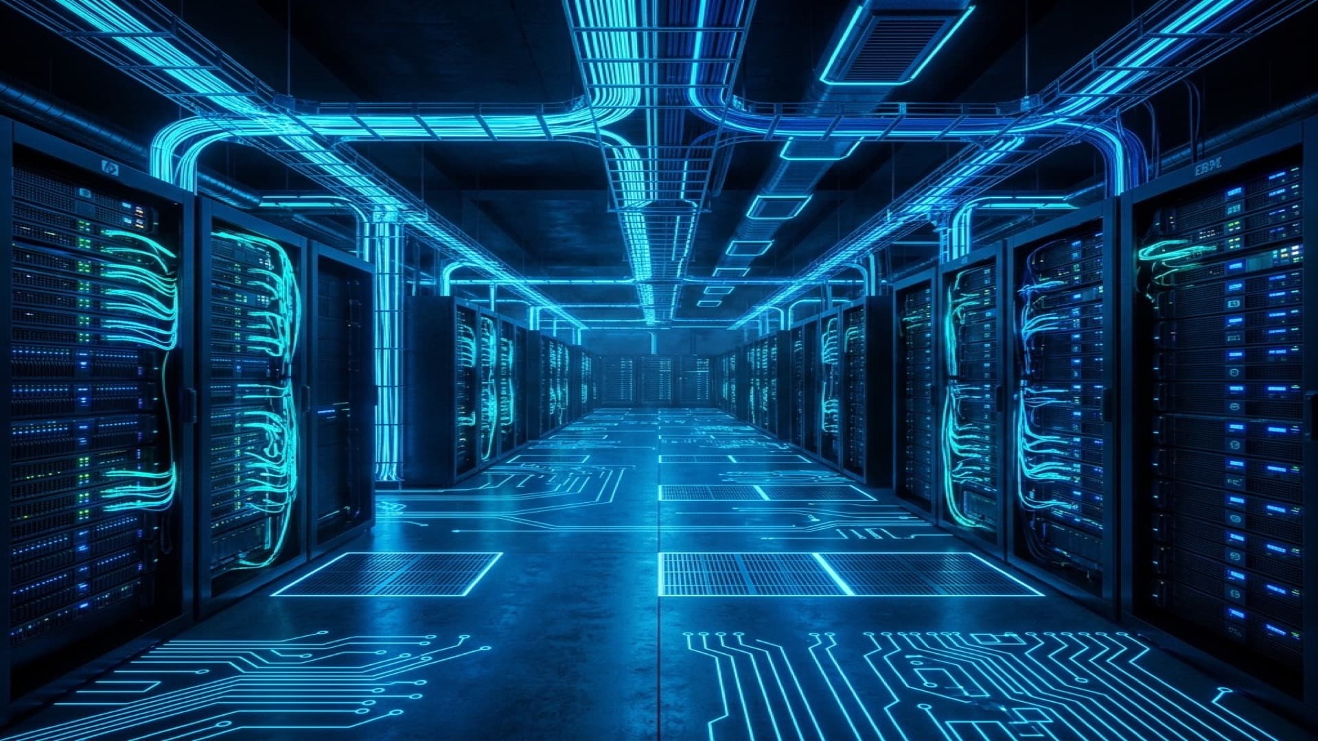 Futuristic dark server room with glowing blue fiber optic cables